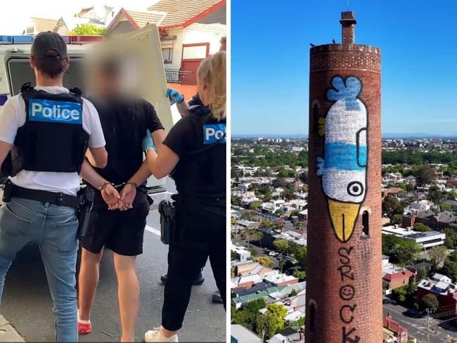 Police have released footage of a man being arrested in connection with Melbourne's iconic 'Pam the Bird' graffiti.