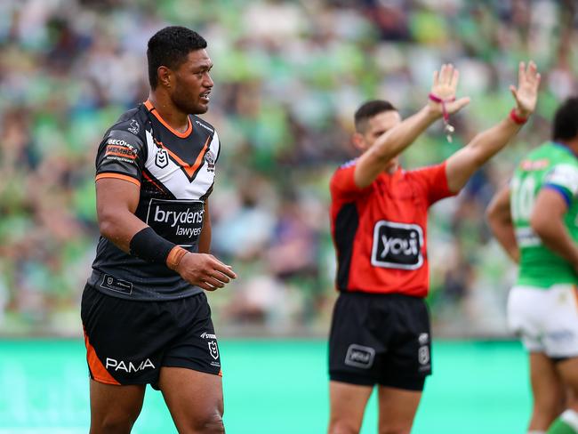 Stefano Utoikamanu was the first Tiger sin-binned in 2024, when he received his marching orders in round two. Picture: NRL Images