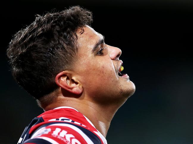 SYDNEY, AUSTRALIA - MAY 04: Latrell Mitchell of the Roosters celebrates after the final try to Boyd Cordner of the Roosters during the round eight NRL match between the Sydney Roosters and the Wests Tigers at Sydney Cricket Ground on May 04, 2019 in Sydney, Australia. (Photo by Matt King/Getty Images)