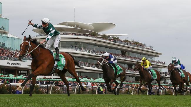 James McDonald celebrates aboard Via Sistina on her way to easily winning the Champions Stakes at Flemington. Picture: Michael Klein