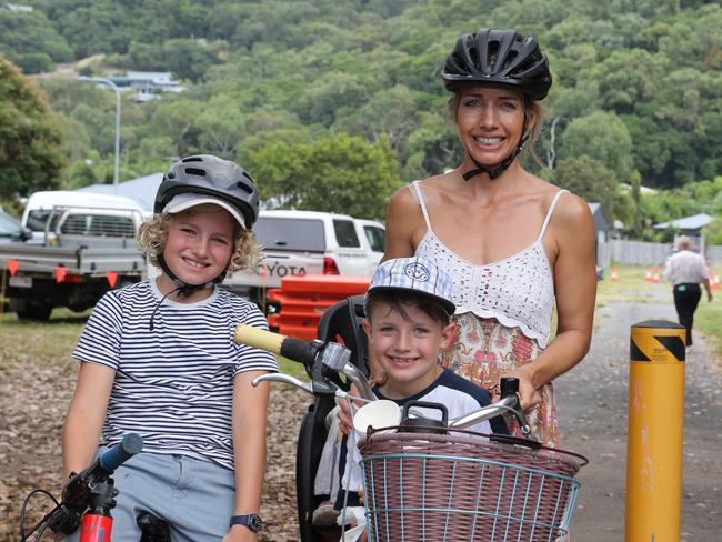 Palm Cove residents Sasha Edney, 11,  Stephanie Edney and Leon Edney,  7, joined around 200 hikers and mountain bike riders at the opening of the first stage of the Wangetti Trail in Palm Cove on Wednesday, September 25, 2024.