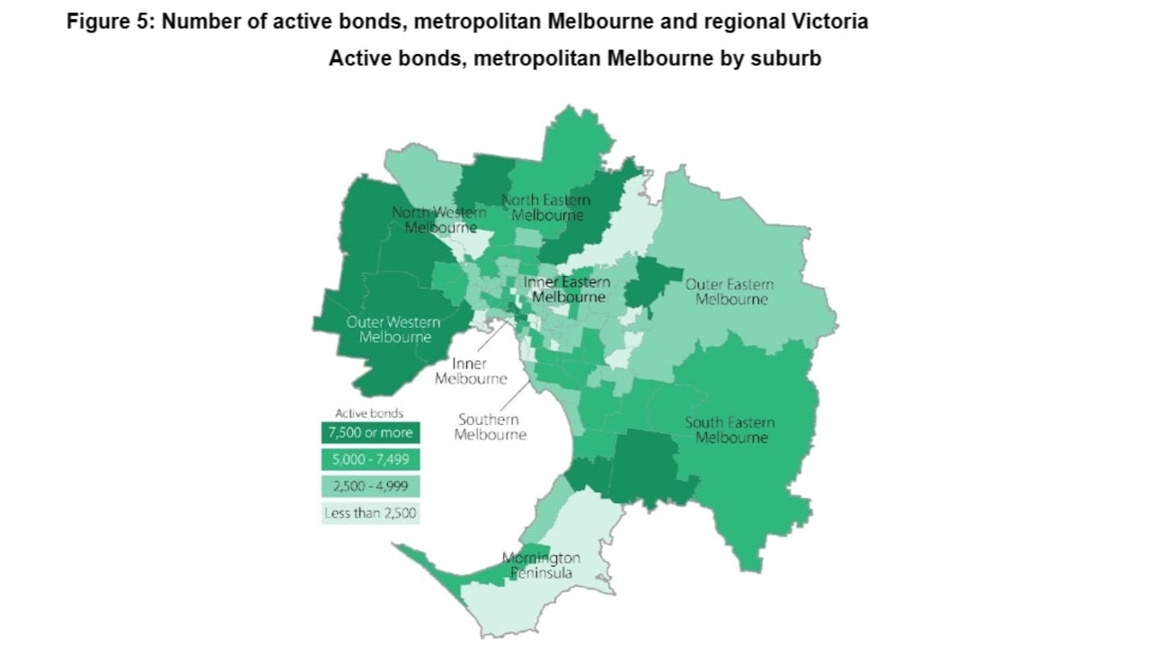 Number of active bonds in Melbourne by suburb. Picture: Homes Victoria