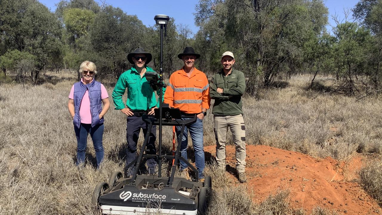 Leanne Brosnan Director of The Wombat Foundation with Max Thomas and Andrew Watson of Subsurface Mapping Solutions and Andy Howe, Australian Wildlife Conservancy Senior Field Ecologist at Richard Underwood Nature Refuge in August 2023. Picture: Leanne Brosnan/The Wombat Foundation