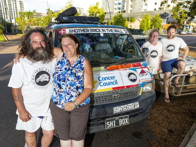 From Perth, Sam and Cazz Hooper travelled 3342km in a 1999 Toyota HiAce which they paid $500 for. On the right, from Busselton, John Miller and Dean Elliott drove a 1996 Holden Rodeo. Picture: Floss Adams