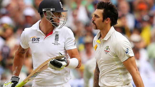 Kevin Pietersen and Mitchell Johnson exchange words at the MCG in 2013. Picture: Colleen Petch.