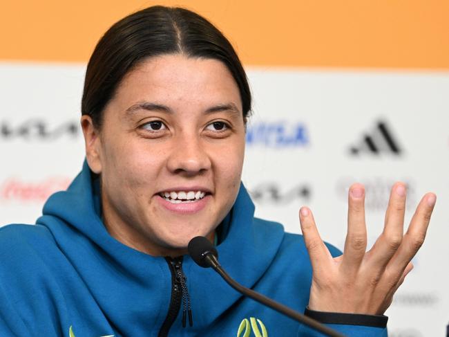 BRISBANE, AUSTRALIA - AUGUST 18: Sam Kerr of Australia speaks during an Australia Matildas press conference during the FIFA Women's World Cup Australia & New Zealand 2023 at Brisbane Stadium on August 18, 2023 in Brisbane, Australia. (Photo by Justin Setterfield/Getty Images)