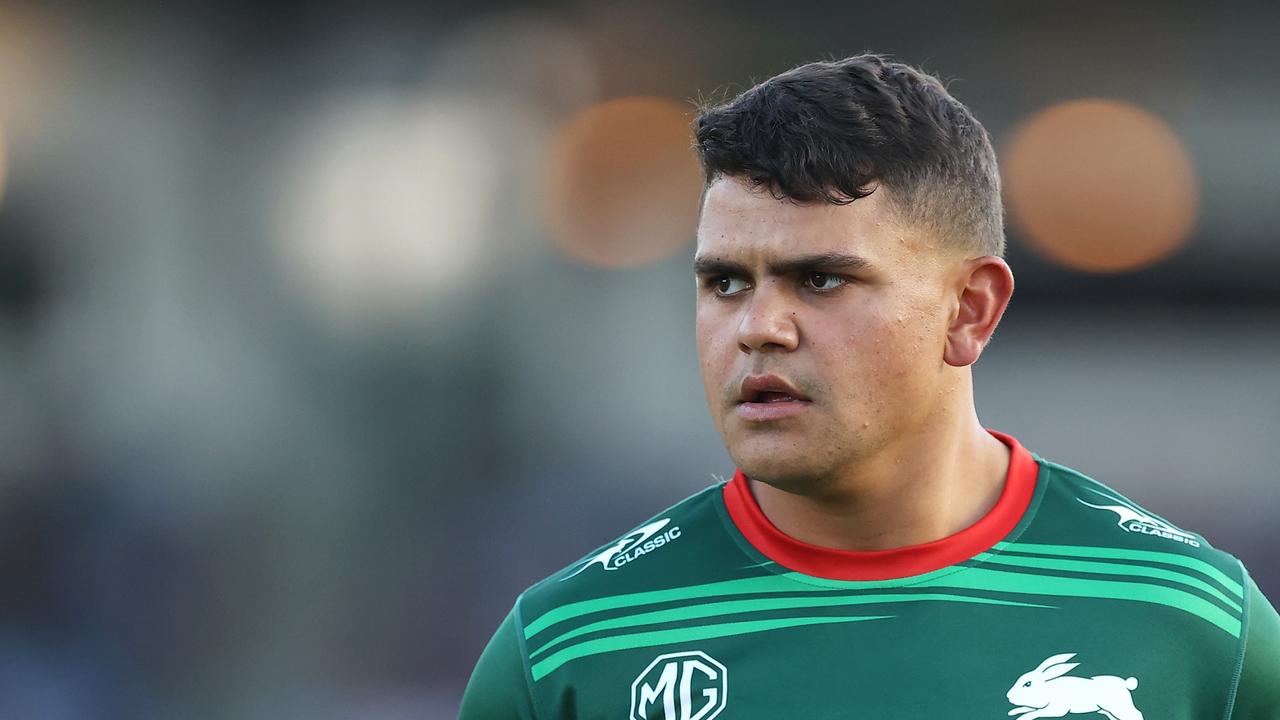 PENRITH, AUSTRALIA - MARCH 04: Latrell Mitchell of the Rabbitohs looks on during the warm-up before the round one NRL match between Cronulla Sharks and South Sydney Rabbitohs at BlueBet Stadium on March 04, 2023 in Cronulla, Australia. (Photo by Mark Kolbe/Getty Images)