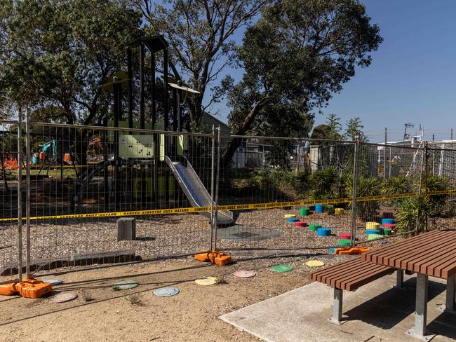 Fencing and warning tape seen around playground equipment at a park where asbestos has been found at Hosken Reserve in Coburg. Picture: NCA NewsWire / Diego Fedele