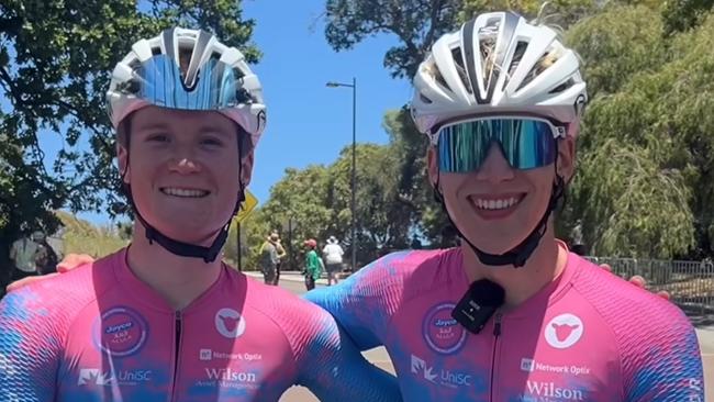 ARA Skip Capital teammates Jonas Shelverton (left) and Alex Hewes after filling the quinella in the junior men's road race at the Road Nationals in Perth.