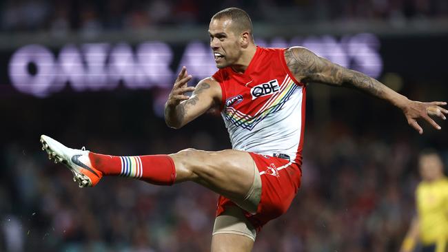 Lance Franklin has a shot at goal during the Pride Game at the SCG. Picture: Phil Hillyard