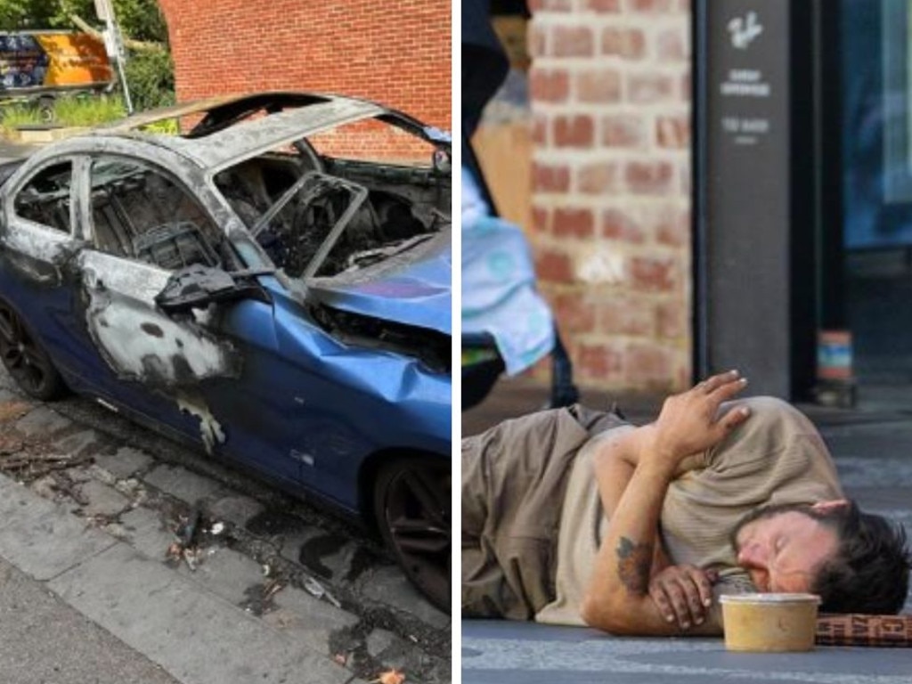 Crime and homelessness in St Kilda are ongoing issues. Left is a burned out vehicle on Grey Street this week.