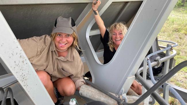 Mother and daughter Juliet, pictured right, and Isla Lamont used steel pipes to lock themselves onto a train carriage carrying coal from the controversial Adani Carmichael mine. Picture: Supplied