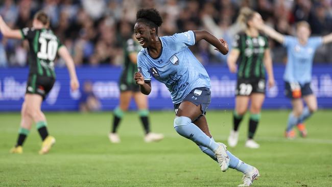 SYDNEY, AUSTRALIA - APRIL 30: Princess Ibini of Sydney FC celebrates scoring a goal during the A-League Women's Grand Final match between Western United and Sydney FC at CommBank Stadium on April 30, 2023, in Sydney, Australia. (Photo by Cameron Spencer/Getty Images)