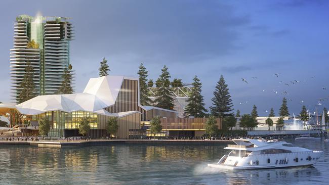 Artist’s impressions of ASF consortium’s plans for the Wavebreak Island cruise ship terminal which will not go ahead. Image: Cox Rayner