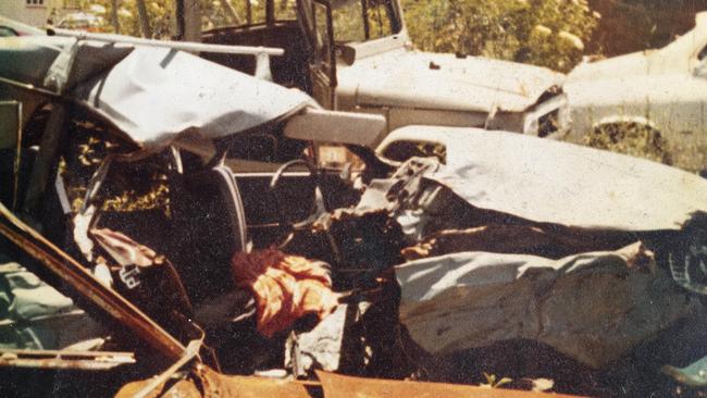 The aftermath of the horror crash that injured rugby union player Eddie Lewis, brother of Wally, in December 1979.