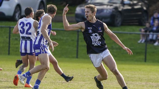 Rosebud’s Blake Kuipers celebrates a goal against Langwarrin on Saturday. Picture: Valeriu Campan