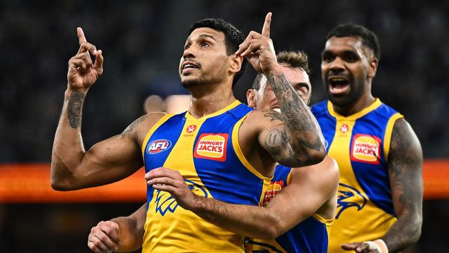 PERTH, AUSTRALIA - JULY 27: Tim Kelly of the Eagles celebrates a goal during the 2024 AFL Round 20 match between the Fremantle Dockers and the West Coast Eagles at Optus Stadium on July 27, 2024 in Perth, Australia. (Photo by Daniel Carson/AFL Photos via Getty Images)