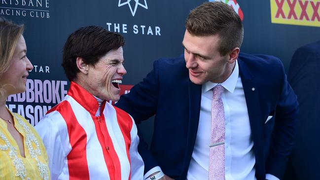 Craig Williams and trainer Clayton Douglas after Giga Kick won the Group 1 Doomben 10,000 last year. Picture: Grant Peters / Trackside Photography.