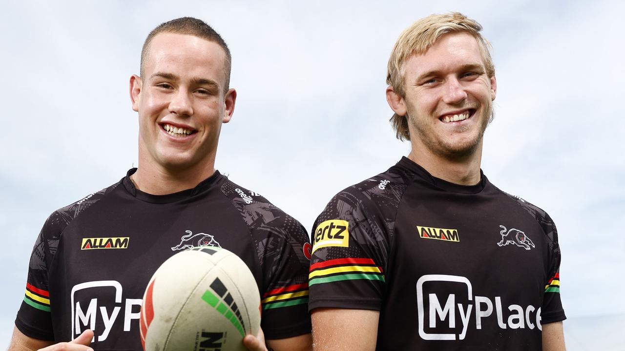 DAILY TELEGRAPH MARCH 6, 2024. Penrith Panthers players Liam Henry (left) and Lindsay Smith ahead of their round 1 clash with the Storm, pictured at the Panthers Rugby League Academy. Picture: Jonathan Ng