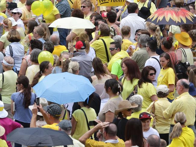 A sea of yellow fills King George Square for the Doing it for Allison Rally, Brisbane. Photographer: Liam Kidston.