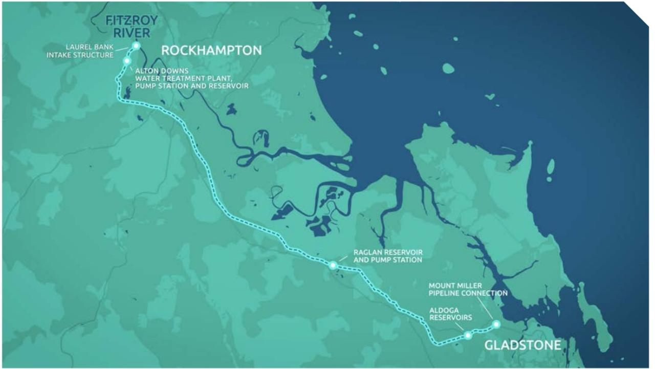 The Fitzroy to Gladstone Pipeline will address the single source water supply risk from Awoonga Dam, provide water reliability for Gladstone Area Water Board's customers, and support future water demand for Gladstone's emerging growth industries to support decarbonisation such as hydrogen and renewable energy. Picture: Department of State Development, Infrastructure, Local Government and Planning's CWQIP