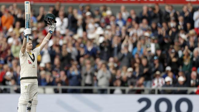 Steve Smith reaches his double century against England at Old Trafford in 2019. Picture: Getty