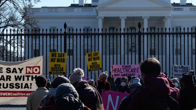 Anti-war activists demonstrate against the escalating conflict with Russia in Ukraine in front of the White House. Picture: AFP.