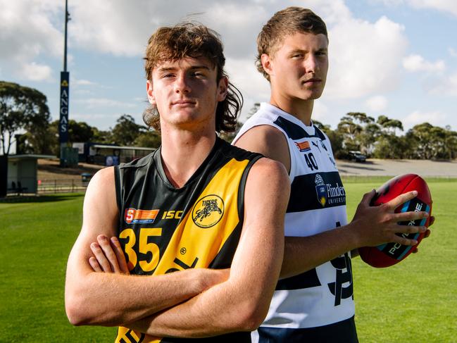 Ben Ridgway, 16, and Tom Schirmer, 15, ahead of the SANFL under-16 match between South Adelaide and Glenelg in Noarlunga, Thursday, March 25, 2021. (The Advertiser/ Morgan Sette)