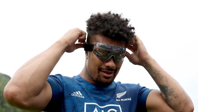 Ardie Savea wears rugby goggles during a New Zealand training session. Picture: Getty