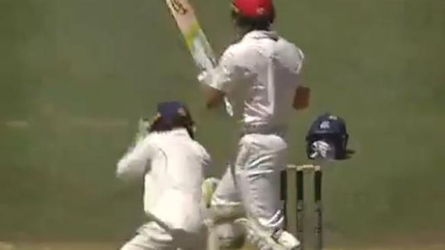 Sam Harper gets clobbered by Jake Lehmann’s bat.