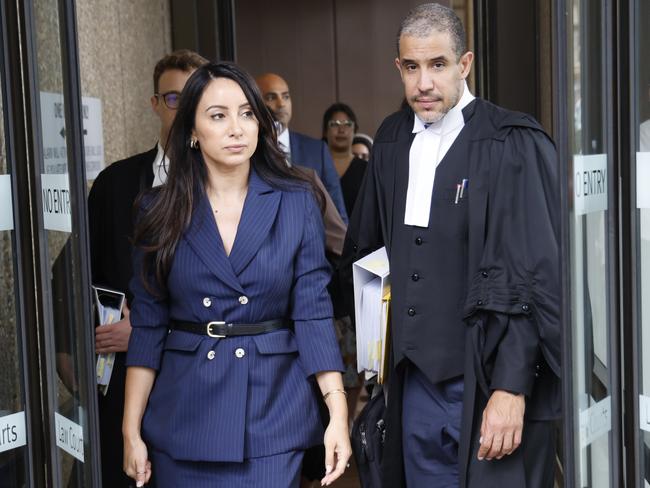 SYDNEY, AUSTRALIA. NewsWire Photos. FEBRUARY 6, 2025. Presenter and journalist Antoinette Lattouf pictured in a blue pinstripe suit as she leaves Federal court, Sydney., Picture: NewsWire/ Damian Shaw,