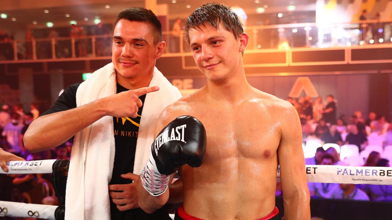 BRISBANE, AUSTRALIA - MARCH 03: Nikita Tszyu celebrates winning with his brother Tim Tszyu during the Super Welterweight bout between Nikita Tszyu and Aaron Stahl at Nissan Arena on March 03, 2022 in Brisbane, Australia. (Photo by Chris Hyde/Getty Images)