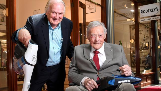 John Johnston, right, with Godfreys CEO John Hardy, opens a new store in Adelaide. Pic: Tricia Watkinson