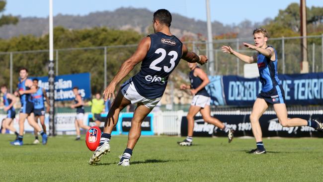 South Adelaide’s Malcolm Karpany kicks for goal against Sturt. Picture: AAP/Emma Brasier