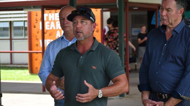 Hinchinbrook MP Nick Dametto speaking at disaster-impacted Ingham State High School in North Queensland on Wednesday. Picture: Cameron Bates