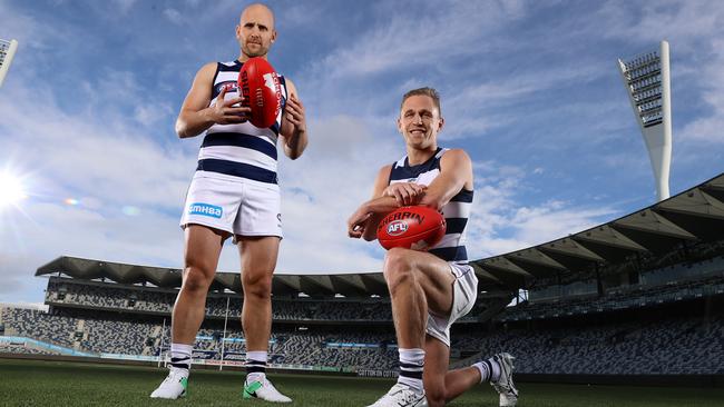 Gary Ablett and Joel Selwood at Kardinia Park as they prepare to play their milestone matches against Gold Coast on Saturday. Picture: Michael Klein