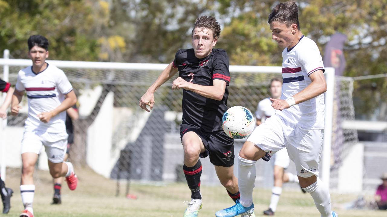 GPS First XI Football. St Joseph's Gregory Terrace vs The Southport School. GT #2 Rhys Gray and TSS #10 Josh Dimarco.  5 September, 2020. Picture: Renae Droop