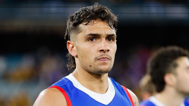 MELBOURNE, AUSTRALIA - SEPTEMBER 06: Jamarra Ugle-Hagan of the Bulldogs looks dejected after a loss during the 2024 AFL Second Elimination Final match between the Western Bulldogs and the Hawthorn Hawks at The Melbourne Cricket Ground on September 06, 2024 in Melbourne, Australia. (Photo by Dylan Burns/AFL Photos via Getty Images)