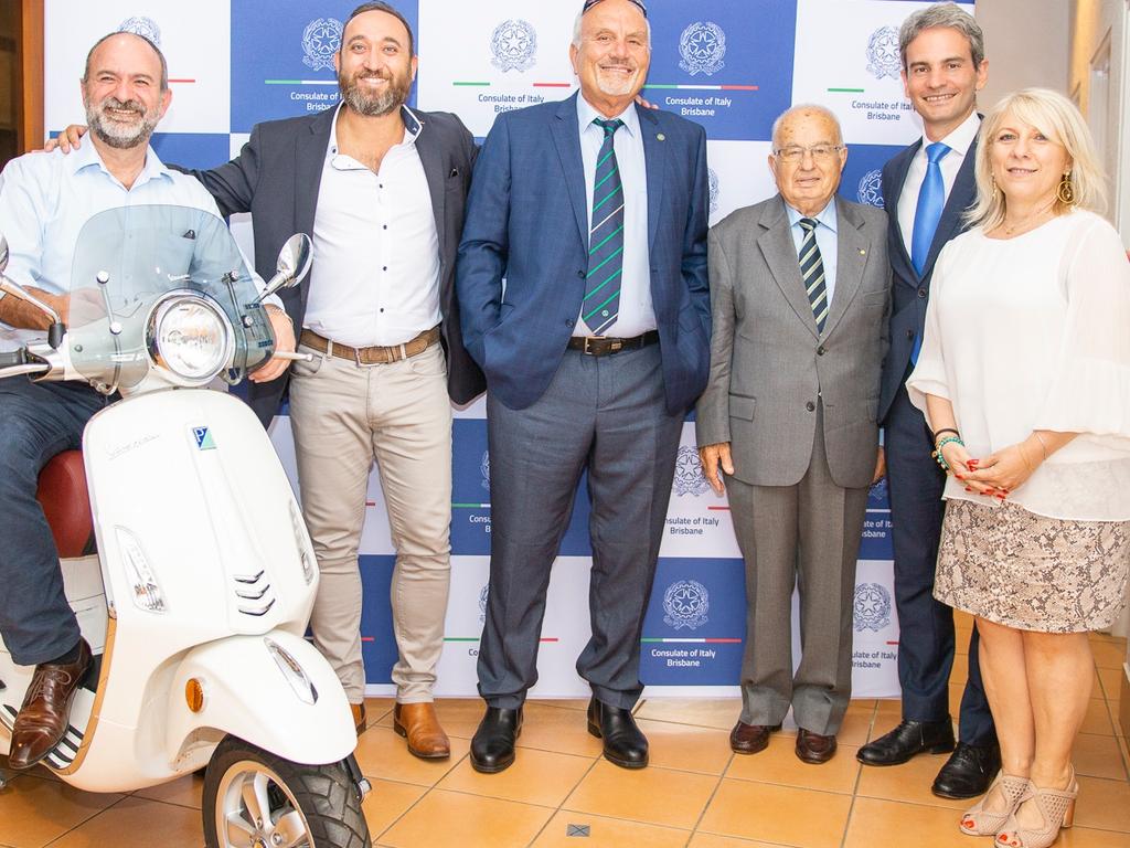 Adriano Corrado, Stefano Pantalone, Walter Aantonucci, Comm. Antonio Reggi, Consul Salvatore Napolitano and Mariangela Stagnitti at the launch of the Tour of Italy Through Queensland program at the Brisbane Abruzzo Club. Socials: Damien Anthony Rossi | Picture: Consulate of Italy