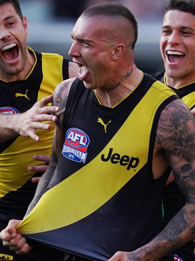 Dustin Martin of the Tigers celebrates a goal during the 2019 AFL Grand Final between the Richmond Tigers and the GWS Giants at the MCG in Melbourne, Saturday, September 28, 2019. (AAP Image/Michael Dodge)