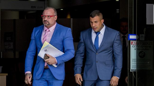 Lawyer Campbell MacCallum with his client Harley Barbaro at Southport Courthouse. Picture: Jerad Williams