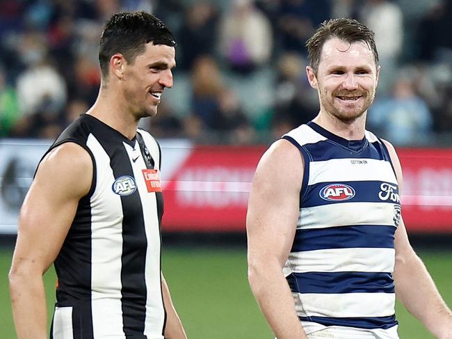 MELBOURNE, AUSTRALIA - JULY 12: Scott Pendlebury of the Magpies and Patrick Dangerfield of the Cats chat after the 2024 AFL Round 18 match between the Collingwood Magpies and the Geelong Cats at Melbourne Cricket Ground on July 12, 2024 in Melbourne, Australia. (Photo by Michael Willson/AFL Photos via Getty Images)