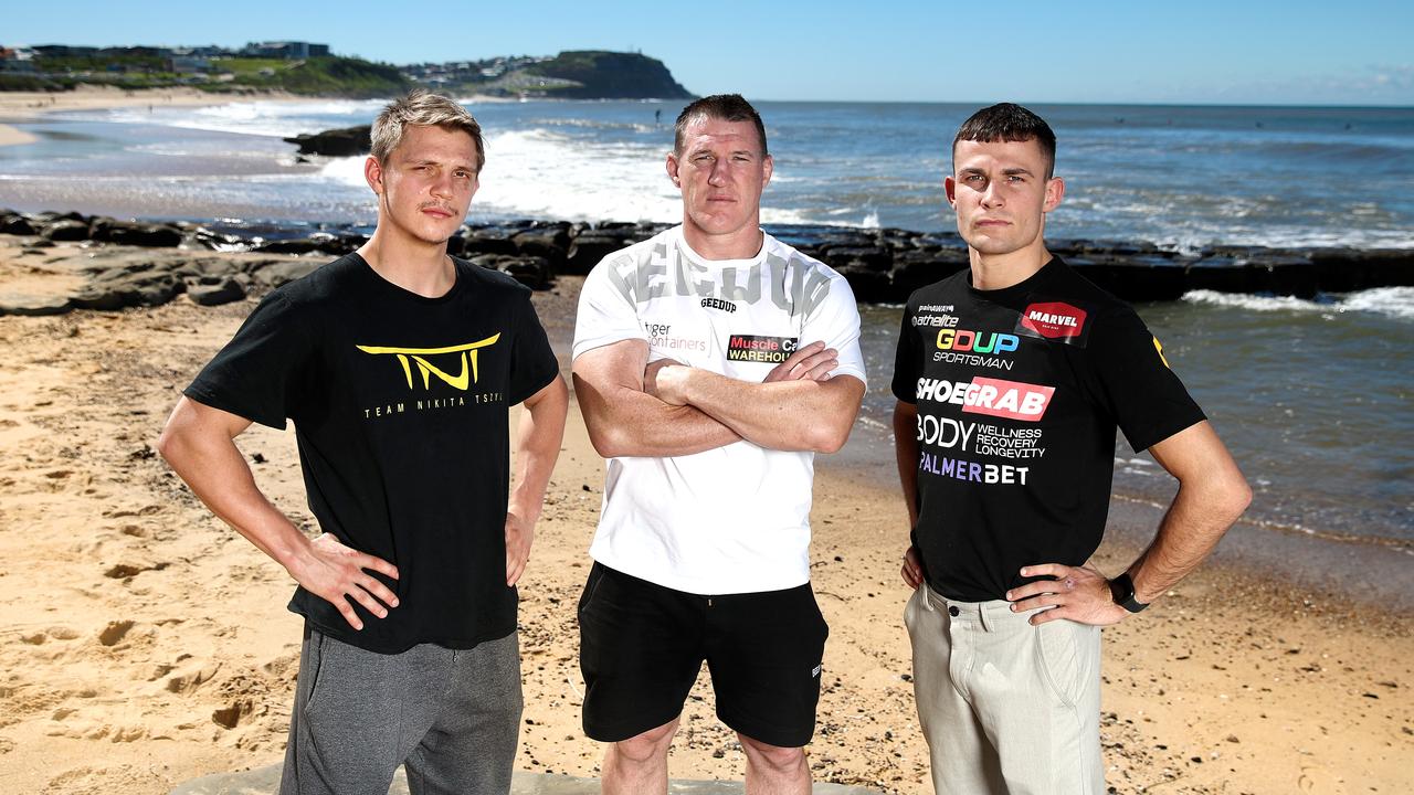 Nikita Tszyu, Gallen and Harry Garside at Merewether Beach. Picture: No Limit Boxing/Gregg Porteous