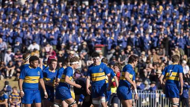 Grammar at halftime with the school supporters on the hill in O'Callaghan Cup on Grammar Downlands Day at Toowoomba Grammar School, Saturday, August 19, 2023. Picture: Kevin Farmer