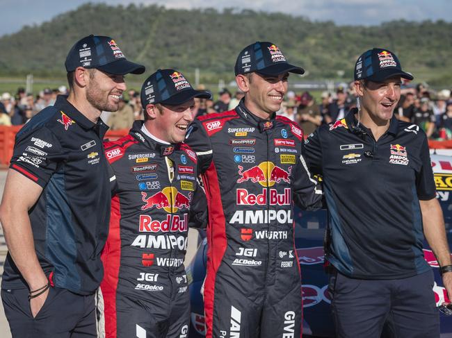 V8 Supercars team Red Bull Ampol Racing (from left) Scott Pye, Will Brown, Broc Feeney, and Jamie Whincup at the launch of the 2024 livery at Toowoomba Wellcamp Airport, Saturday, February 3, 2024. Picture: Kevin Farmer