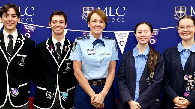 NSW Police Commissioner Karen Webb with MLC school students at Burwood on Tuesday. Picture: Instagram