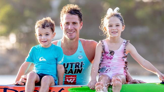 Shannon Eckstein and son Blake and daughter Ellie ahead of his final professional ironman race at Wanda this weekend