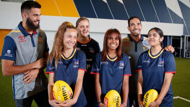 Adelaide AFL player Wayne Milera, left, academy member Breanah Bunce 14, Crows AFLW player Danielle Ponter, academy member Charissa Murray 14, Crows AFL player Eddie Betts and academy member Jaeanne Milera-Champion at the Adelaide Football Club. Picture: Matt Turner