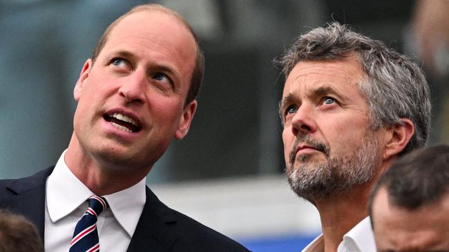 Britain's Prince William, Prince of Wales (L) and King of Denmark Frederik X (R) attend the UEFA Euro 2024 Group C football match between Denmark and England at the Frankfurt Arena in Frankfurt am Main on June 20, 2024. (Photo by Kirill KUDRYAVTSEV / AFP)