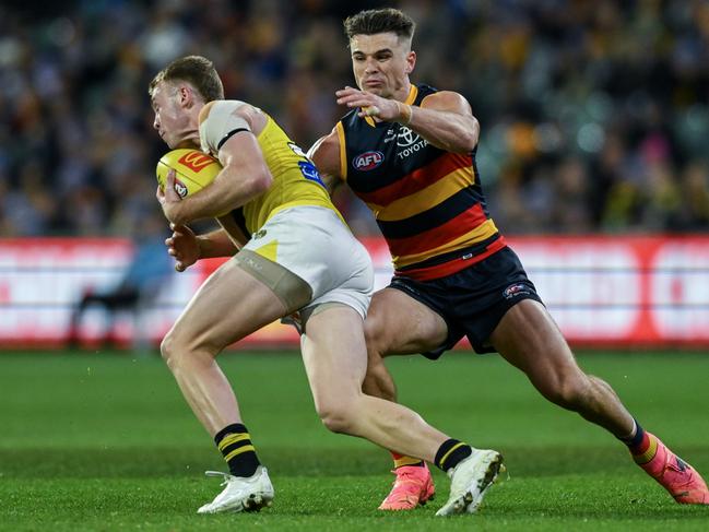 Ben Keays tries to take down Tom Brown. Picture: Mark Brake/Getty Images